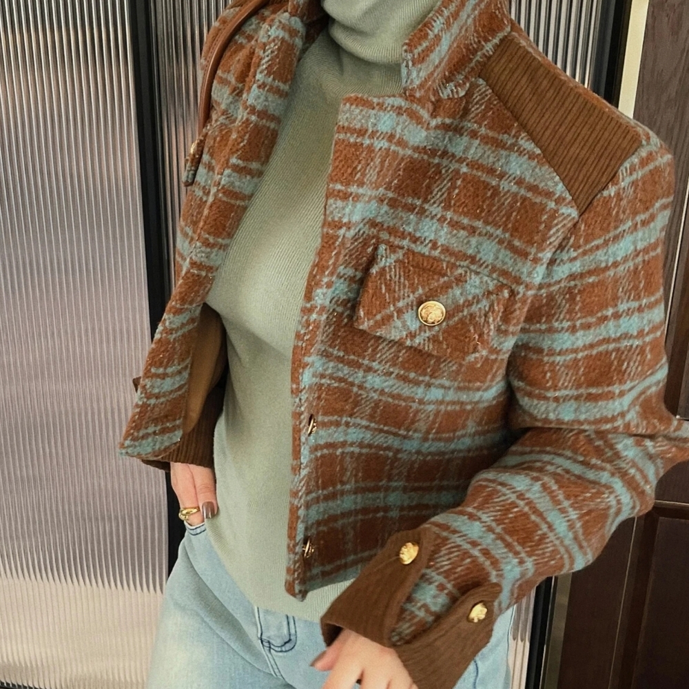 Plaid Tweed Jackets Coat Woman Clothing - Picture 1 of 7
